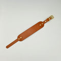 Brown leather strap with gold buckle on a light background