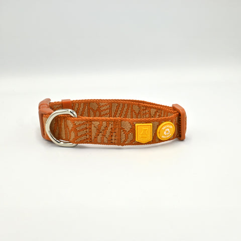 An orange patterned fabric dog collar with a silver metal D-ring and two small yellow tags, photographed on a clean white background.
