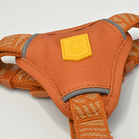Close-up of an orange pet harness with a woven orange-and-beige strap, gray trim, and a yellow square brand patch on the center.
