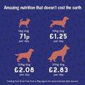 Dog food cost comparison chart on a blue background with dog illustrations.