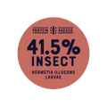 Circular label with text about protein content from insect larvae on a white background