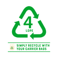 Recycling symbol with number 4 and text 'Simply recycle with your carrier bags' on a white background