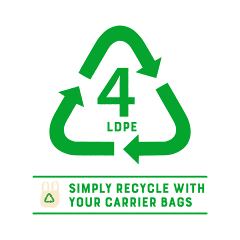 Recycling symbol with number 4 and text 'Simply recycle with your carrier bags' on a white background