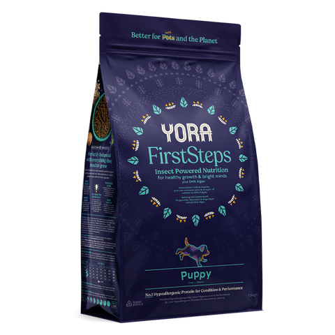 Yora FirstSteps insect-powered puppy food packaging on a white background