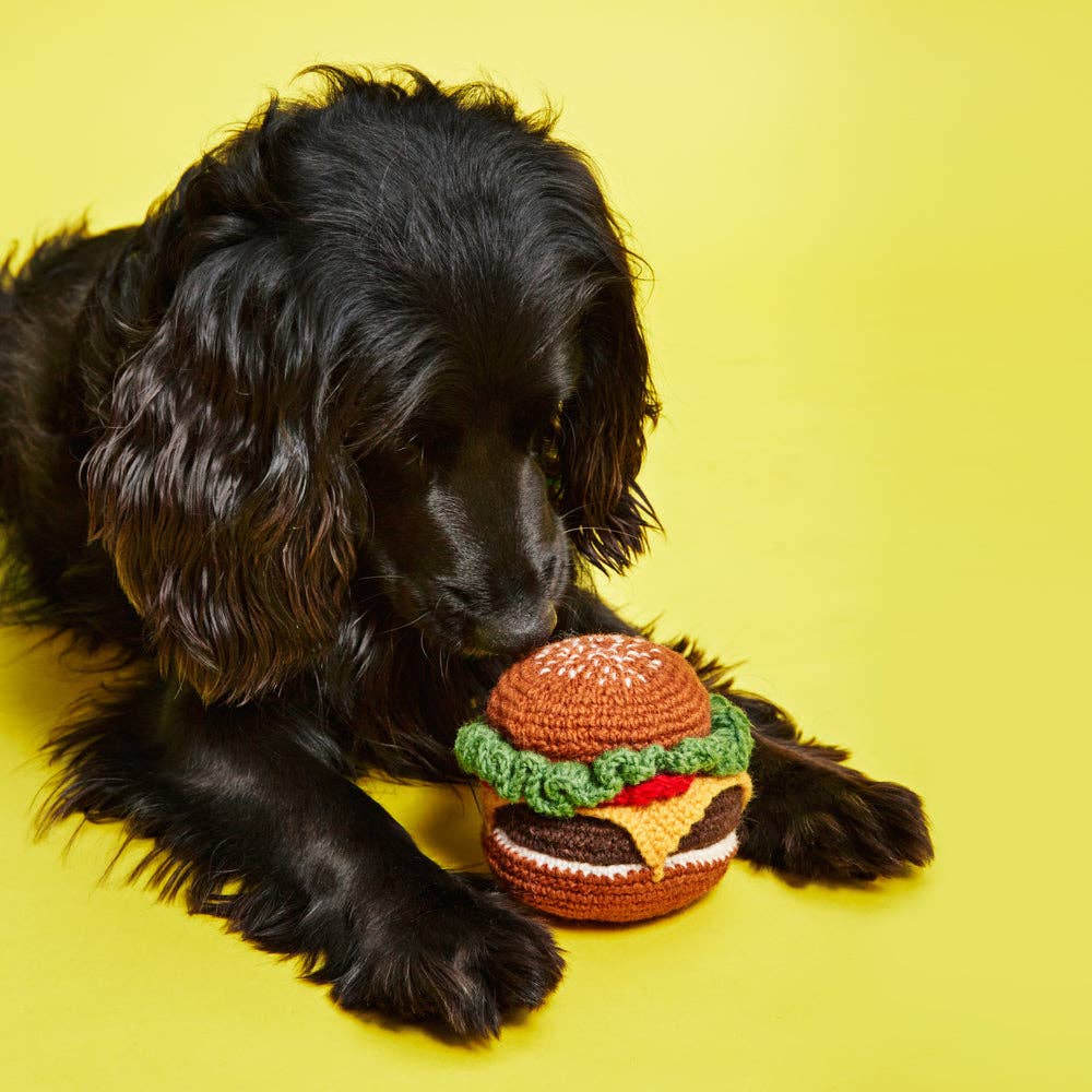 Hand Knit Hamburger Dog Toy With Squeaker Sparkly Tails